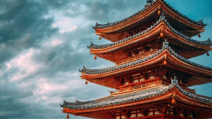 Fototapeta premium Traditional East Asian Pagoda Architecture with Curved Rooflines, Red Wooden Structure, Gold Ornamentation and Dramatic Cloudy Sky Viewed from Low Angle Perspective