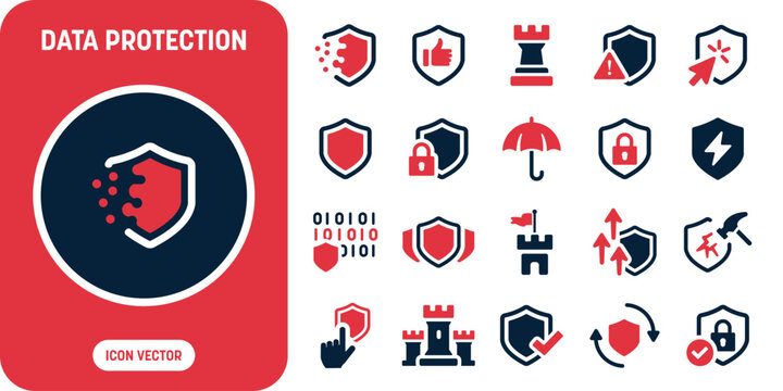 Data protection and cyber security icon set with secured padlock shield, defense fortress tower, binary code privacy shield, verified protection checkmark, weather umbrella defense, and threat warning