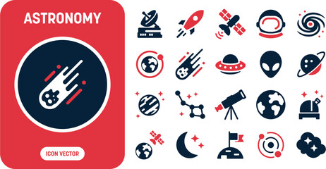 Astronomy and space icon set vector including rocket ship, telescope, satellite, meteor comet, astronaut helmet, and alien head graphics for cosmos exploration science. © berkahi