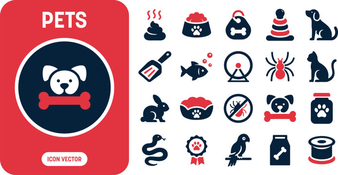 Pet care and domestic animals icon set vector including hamster wheel, parrot bird, dog food bowl, tarantula spider, cat litter scoop, and anti parasite sign graphics for veterinary clinics.