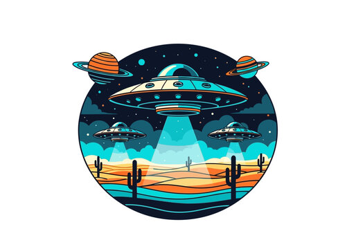 Retro UFO Invasion Vector Illustration: Stylized Flying Saucers Hovering Over a Desert Landscape with Cacti and Light Beams