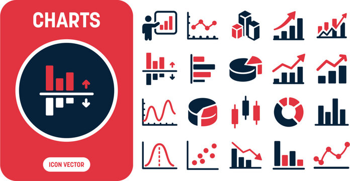 Business charts icon set vector including pie chart, candlestick chart, line graph, 3d bar chart, donut chart, and presentation board graphics for financial data analytics.