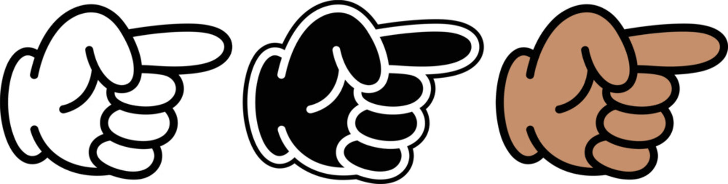Three cartoon pointing hands in different skin tones isolated on transparent background