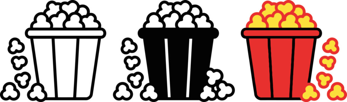 Three cartoon popcorn buckets with popcorn kernels on white background