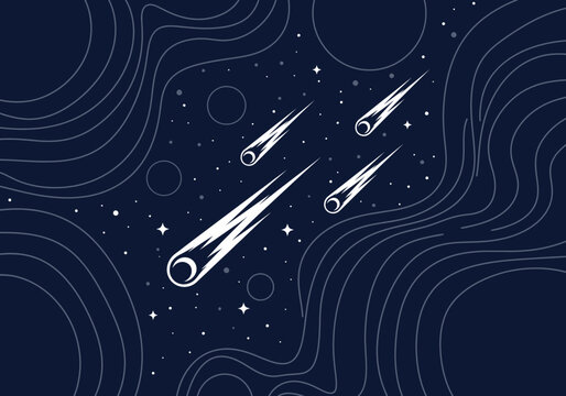 Minimalist Space Illustration with Falling Meteors and White Contour Lines on Dark Blue Background