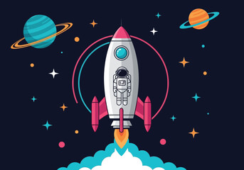 Rocket Ship Launching into Deep Space with Astronaut and Planets - Flat Vector Illustration for Startup and Growth Concepts © Abilho