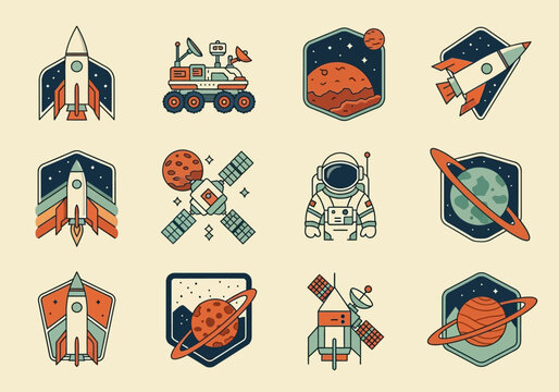Retro Space Exploration Badge and Icon Set featuring Rocket Ships, Astronauts, Mars Rover, Satellites, and Planets in a Vintage Flat Design Style