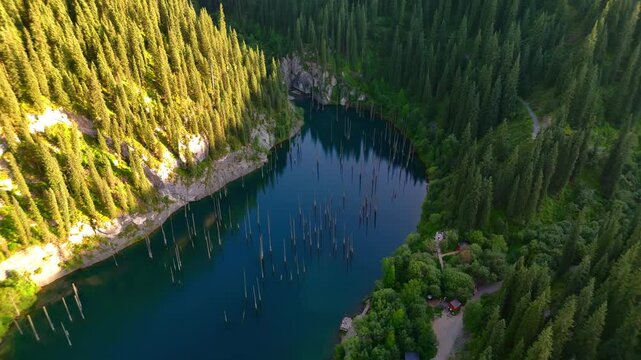 Aerial view of Kaindy Lake with its unique sunken trees surrounded by dense evergreen forests and steep mountain slopes in Kaindy, Almaty Region, Kazakhstan.