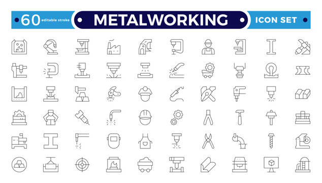 Metalworking Outline Icon Set with Welding, Cutting, Grinding, Lathe, Drill, Steel Fabrication, and Industrial Tool Symbols for Manufacturing and Engineering. Editable stroke outline icon. 