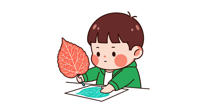 Young boy coloring a large autumn leaf illustration.