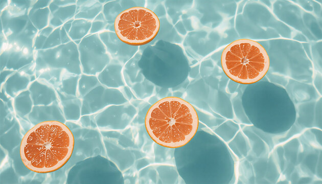 Refreshing Summer Delight Vibrant Orange Citrus Slices Floating on Sparkling Blue Water