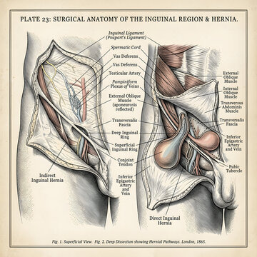 Vintage anatomical illustration of the inguinal canal and spermatic cord with surgical ill