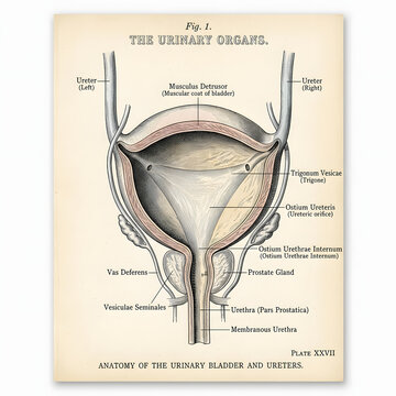 Vintage anatomical illustration of the human urinary bladder and urethra with medical illu