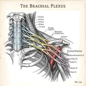 Anatomical illustration of the brachial plexus in the human shoulder and neck