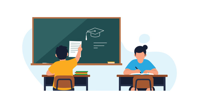 Two diligent students engage in classroom activities with one pupil pointing at a chalkboard during a school lesson.