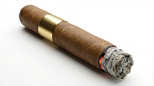 Luxurious brown cigar with gold band burning on white background smoke and ember visible