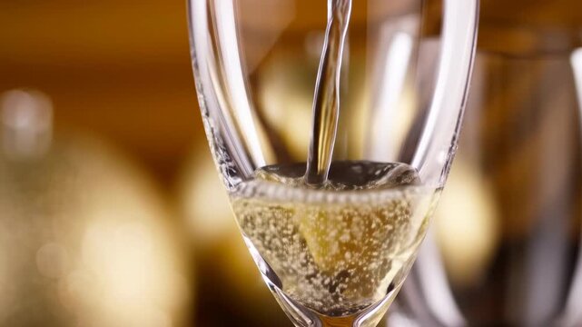 Pouring champagne into a glass with festive golden background