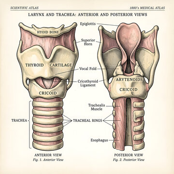 Anterior and posterior views of the human larynx and trachea anatomical illustration