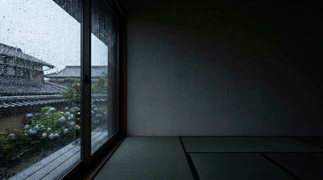 View from a dark tatami room through a large sliding glass window showing hydrangeas and tiled roofs in the rain