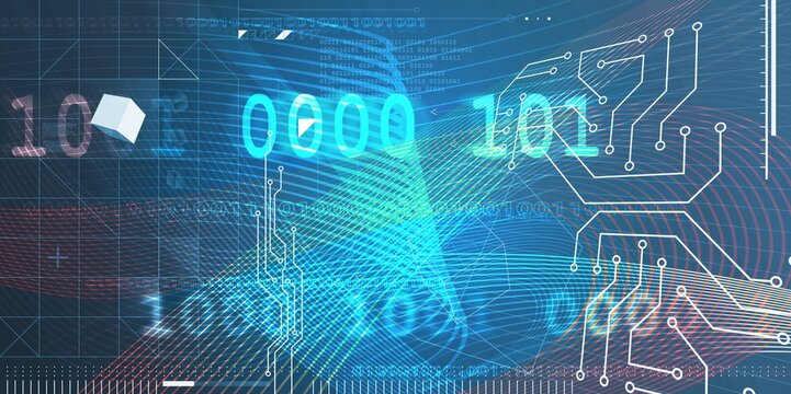 Binary code and digital circuit lines glowing on a blue technology background for cyber security