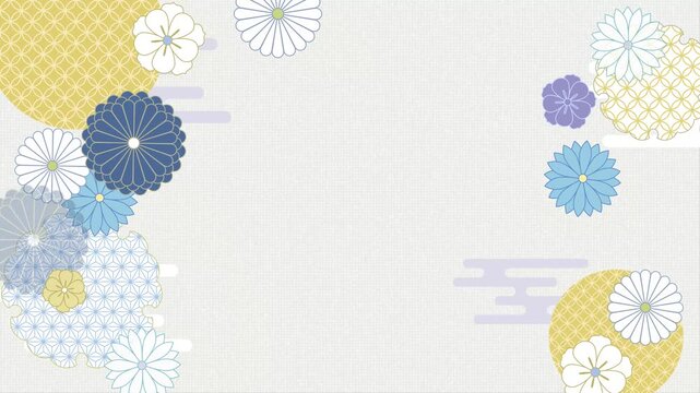 Loopable Japanese traditional pattern background with chic navy and gold chrysanthemums and hemp leaf frame, 4K horizontal video.