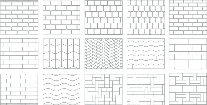 Versatile collection of architectural vector line patterns for brickwork and wall finishes designed for professional technical drafting and architectural visualization software