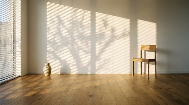 Minimalist interior with tree shadow on wall, wooden chair in empty room with hardwood floor, serene morning sunlight through window blinds