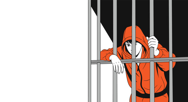 Sad young man in an orange prison jumpsuit stares through the steel bars of his jail cell reflecting on his situation.