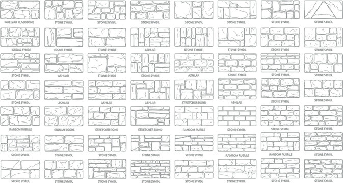Detailed set of stone wall masonry textures and architectural patterns isolated on white background for construction and design drafting in high quality vector format