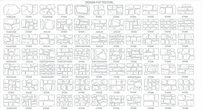 Professional set of stone masonry wall patterns and architectural textures isolated on white background for building construction and design drafting in vector format