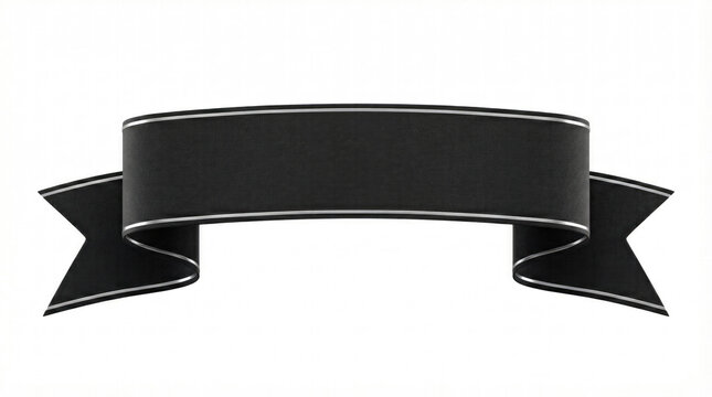Black ribbon banner with silver trim isolated on white background for decoration or announcement