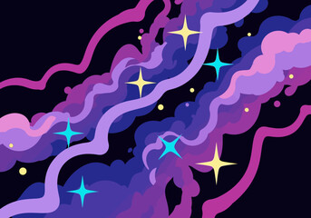 Abstract Galaxy Background with Vibrant Purple Nebulae and Twinkling Stars in Flat Vector Style © Njilim