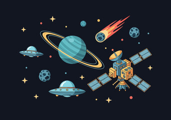 Flat Style Space Illustration with Satellite UFOs and Ringed Planet in Retro Cartoon Design © Njilim