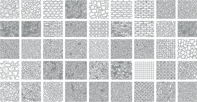 Comprehensive set of forty two hand drawn seamless texture patterns featuring stone masonry brickwork and geometric hatching designs in high resolution vector format for design
