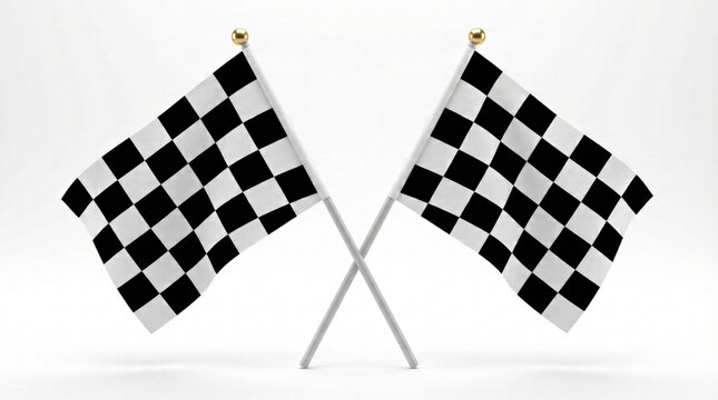Two checkered flags crossed on white background with gold tips racing symbol