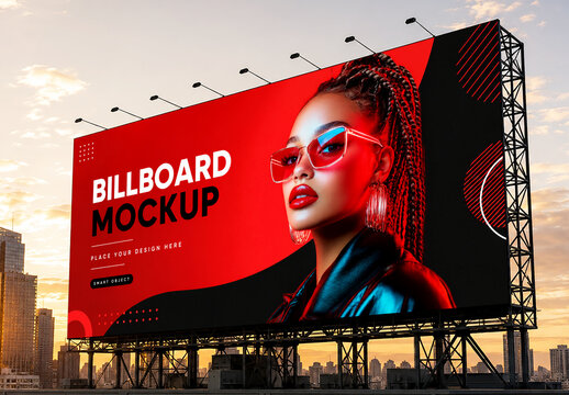 Large Outdoor Billboard Mockup on City Skyline Background at Sunset