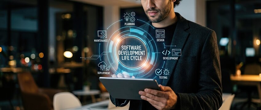 Innovative software development lifecycle strategies modern office digital media urban environment professional perspective enhancing efficiency and collaboration