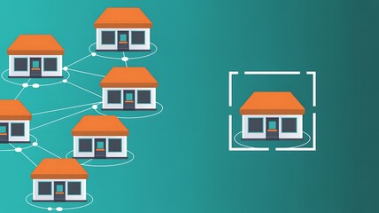 Naklejka premium Digital illustration of a network of connected houses or business properties, with one specific unit highlighted, symbolizing selection, focus, or a distributed system concept