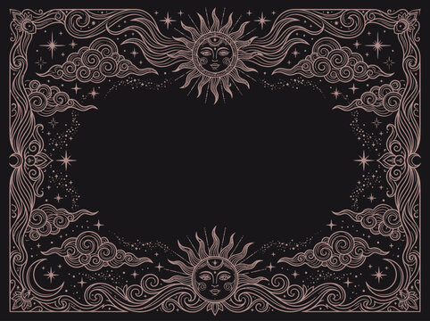 Celestial Sun and Moon Mystical Frame, Rose Gold Esoteric Border with Stars and Clouds on Black Background for Tarot or Astrology Design