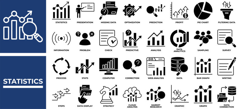 Statistics icon set collection. Containing statistics, analyze, question, info, inspection, profit, performance .Solid vector icons collection