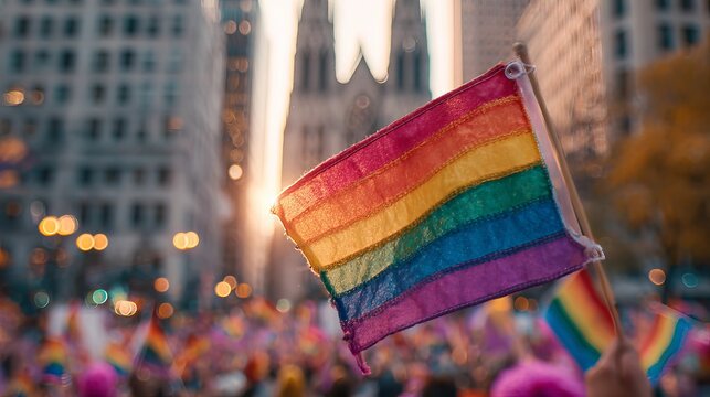 a person holds a rainbow pride flag aloft during a city protest, with a blurred crowd and tall buildings visible under a warm, golden sunset glow.