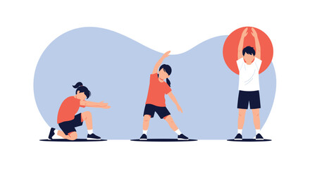 Fototapeta premium Group of active children performing various physical exercises and stretching together for a healthy lifestyle and fun.