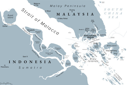 Singapore and southern Strait of Malacca, gray political map. Malacca Strait and Singapore Strait connecting Indian Ocean with South China Sea, a geostrategic choke point for global shipping. Vector