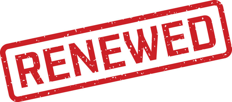 A red distressed rubber stamp with the word RENEWED on a clean white background