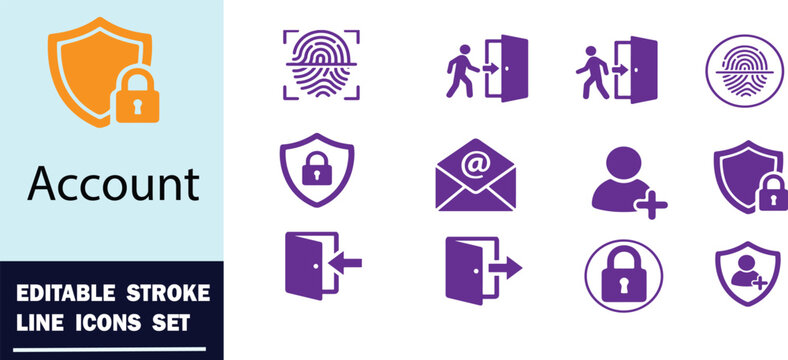 Account security and user access line icon set with editable strokes security fingerprint password protection authentication biometric identity verified permission authorization encrypted