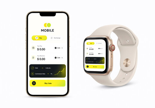 Modern Finance App UI Design Mockup on Smartphone and Smartwatch