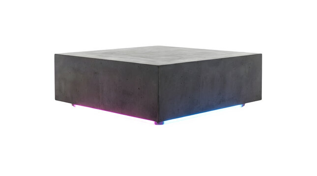 Minimalist black concrete podium with neon underglow, square stone display pedestal for product presentation, modern dark textured stage on white background