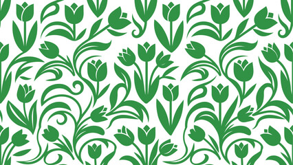Fototapeta premium Green Tulip Floral Seamless Pattern on White Background