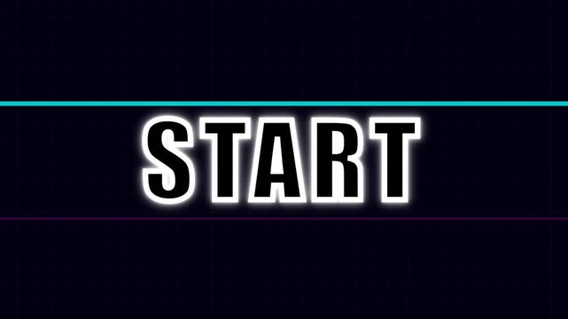 Dynamic 'START' text animation, glowing white letters with a vibrant blue and purple neon line, digital interface loading screen, futuristic gaming intro, high-energy technology opener.