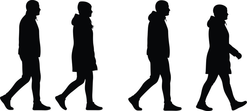 Black silhouettes of men and women walking in winter coats, side view profile set of people in motion, isolated, comma